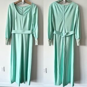 Vintage 1970s Lilli Diamond Long Formal Gown Maxi Dress Pastel Crochet Belt G
